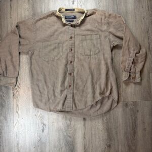 Van Heusen Shirt Mens Medium Brown Check Band Collar Over Easy Long Sleeve